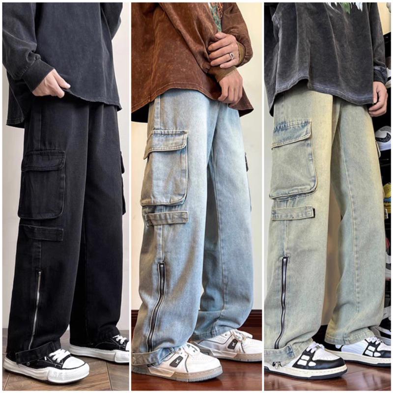 Quần jean túi hộp nam ống suông PHỐI KHOÁ KÉO - Quần jean túi hộp Cargo pant ống suông rộng nam nữ Jaystoree Unisex Menswear Có Túi Xám