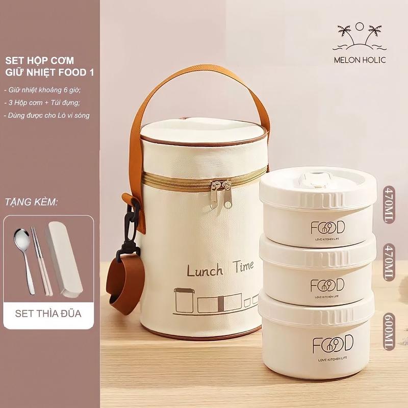 [Đã Bao Gồm Túi Đựng + Set Thìa Đũa] Hộp Cơm Trưa, Hộp Cơm Giữ Nhiệt 3 Khay Giữ Nhiệt Khoảng 3-4 Giờ