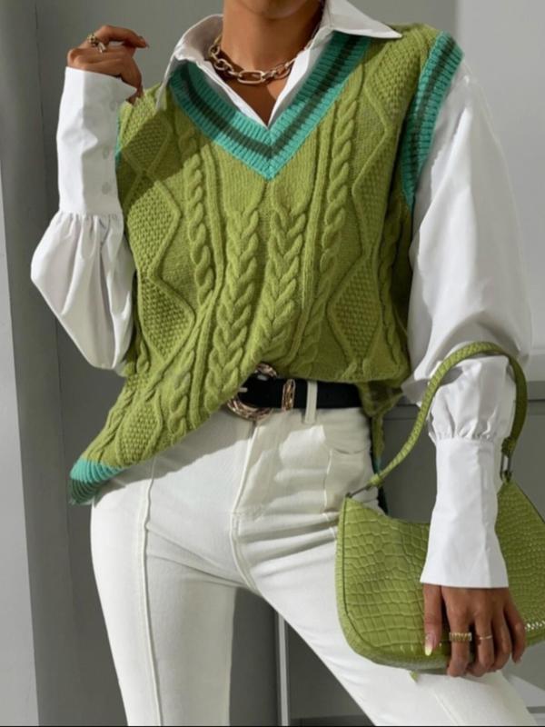 Women's Contrast Binding Split Hem Cable Knit Sweater Vest, Casual V Neck Sleeveless Jumper Vest for Fall & Winter, Fashion Ladies' Knitwear for Daily Wear 0