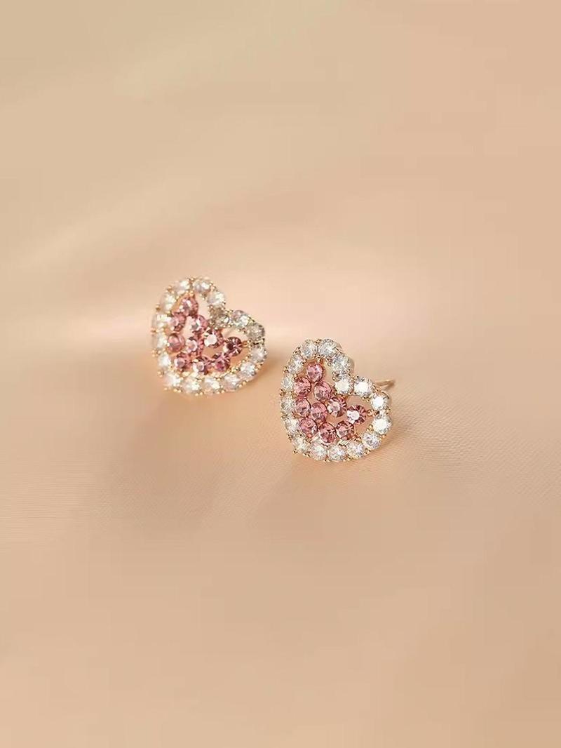 Product Introduction of Women's Elegant Rhinestone Decorated Heart Shaped Stud Earrings, New Style Exquisite Trendy Stud Earrings, Gorgeous Jewelry As Birthday Gift for Girlfriend, Valentine's Day, Gift 5