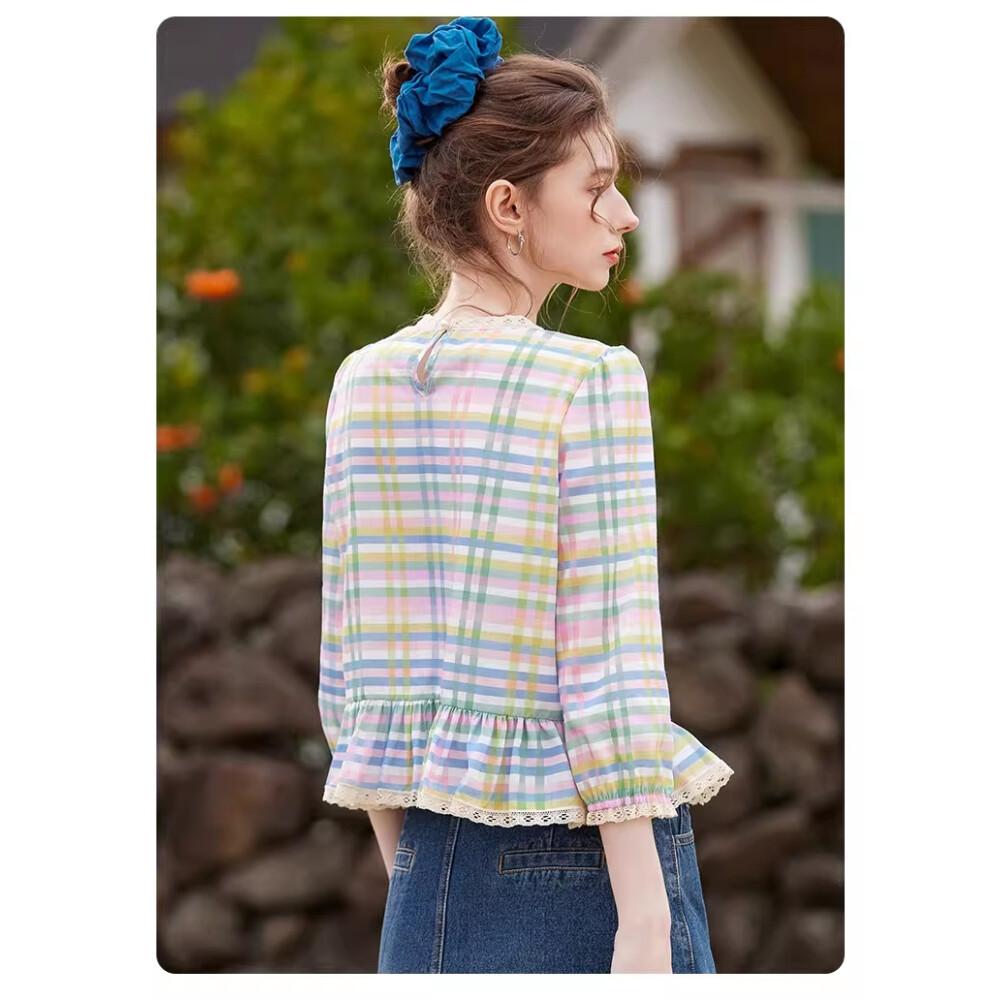 CHICMORE Atasan kemeja kotak-kotak longgar bergaya retro cantik untuk wanita