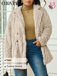 CURVZY Plus Size Solid Double Button Lapel Fuzzy Coat, Elegant Long Sleeve Outerwear for Autumn & Winter, Women's Clothes for Daily Wear