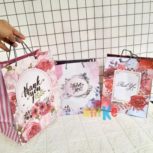 12 pcs - Tas Kertas 20x10x25 Paper Bag Motif Thank You Souvenir Hampers Wedding Ultah Goodie Gift Bag Bingkisan Kue Roti Pernikahan Unike 0