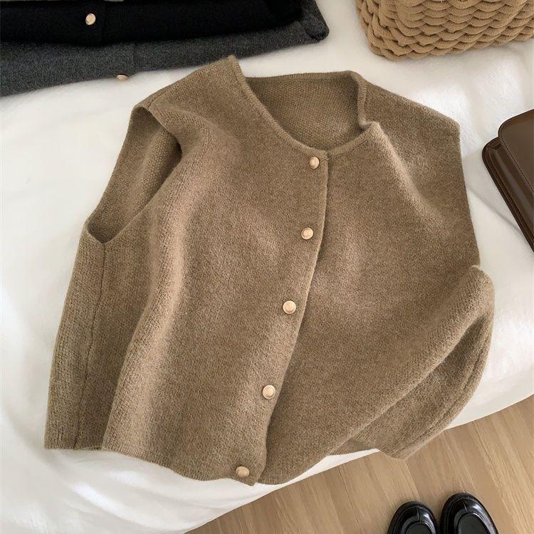 Áo Vest Dệt Kim, Phong Cách Nhẹ Nhàng, Một Hàng, Cỡ Nhỏ, Nút Vàng, Cổ Tròn, Áo Ba Lỗ Không Tay Phong Cách Hàn Quốc, Dành Cho Nữ, Có Thể Mặc Ngoài Trời 4