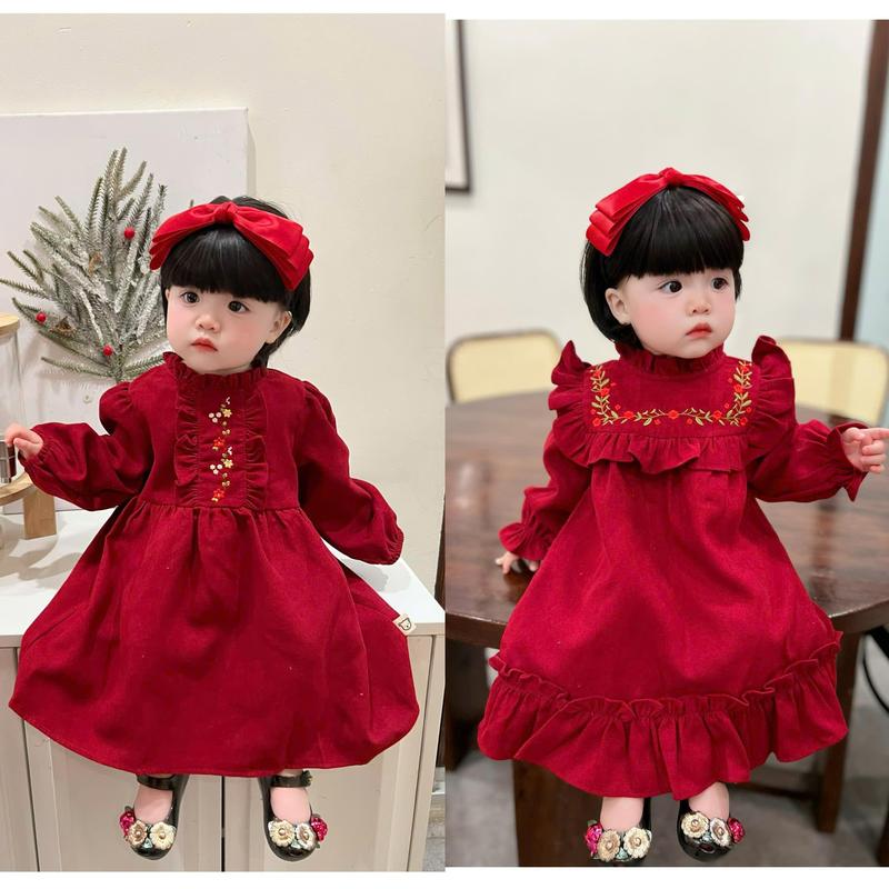 Đầm Váy NOEL Nhung Chéo Mềm Mịn Thêu Hoa Cổ Bèo Đỏ Đô Cho Bé Gái Mặc Thu Đông 20204 - Lana Kids - V032