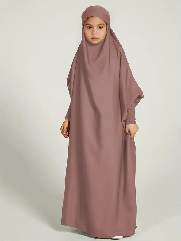 Girl's Solid Batwing Sleeve Tie Back Hoodie Abaya Dress, Modest Outfits, Casual Long Sleeve Elastic Cuff Loose Dress for Kids, Kids Clothing for Summer, Clothes for Girls, Kids Fancy Dress, Girl Clothes 3