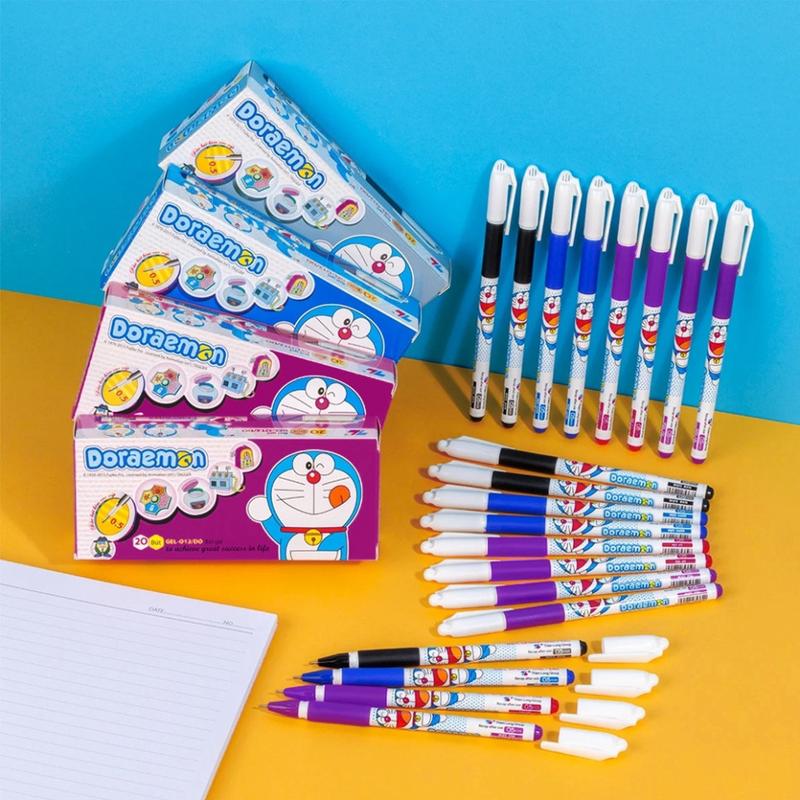 Hộp 20 Chiếc Bút Gel Thiên Long GEL-012 Doremon, Mực Xanh, Tím, Đen - Ngòi 0,5mm. Bút Gel Cho Học Sinh Tiểu Học
