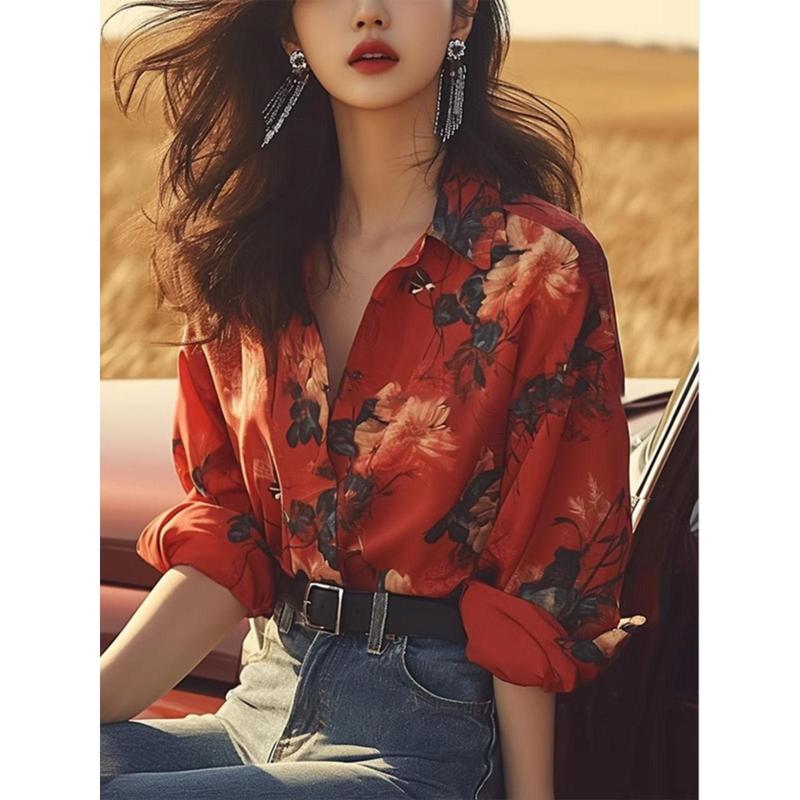 Áo Sơ Mi Nữ In Màu Đỏ, Thiết Kế Độc Đáo Kiểu Pháp Mùa Thu, Phong Cách Nhật Bản, Thanh Lịch Ngọt Ngào, Hàng Mới Về Năm 2025, Áo Trẻ Trung Bán Chạy Năm Nay Women Top Shirt Cổ Tròn 6