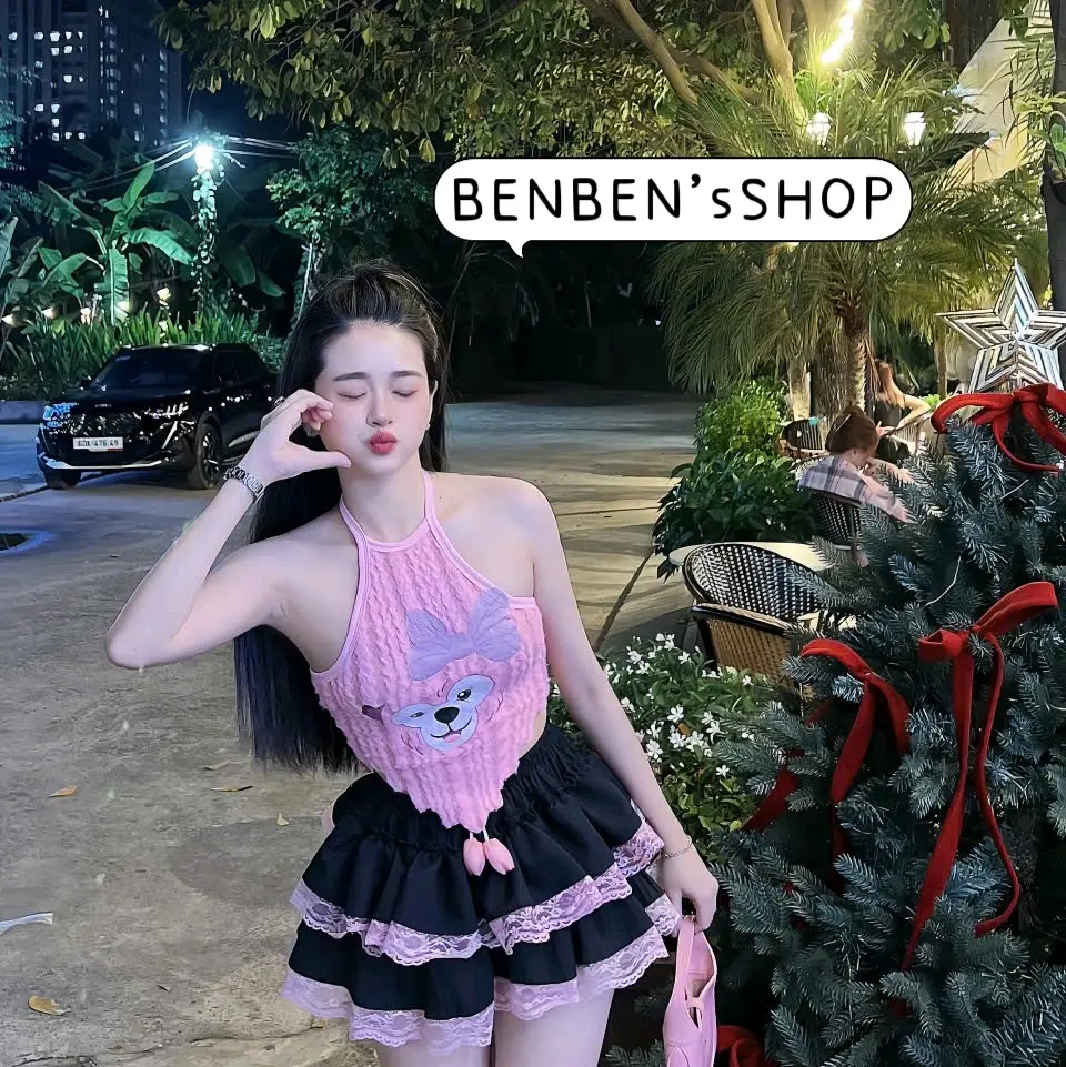 Set áo yếm lông vạt nhọn và chân váy lụa xòe tầng xinh xắn cho nữ ( ren đậm nhạt tùy lô)- Women