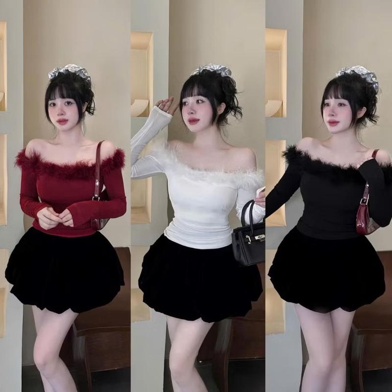 ÁO TRỄ VAI VIỀN LÔNG TAY DÀI - Áo thun nữ dáng ôm body viền lông thỏ phong cách thu đông siêu sang chảnh Women Top