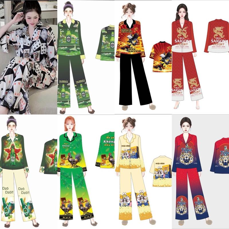 T200-(40-80kg) ĐỒ BỘ TẾT Pijama in hình bia tết Thiết kế lụa Latin tơ tằm tay dài quần dài Nữ Áo Ngủ