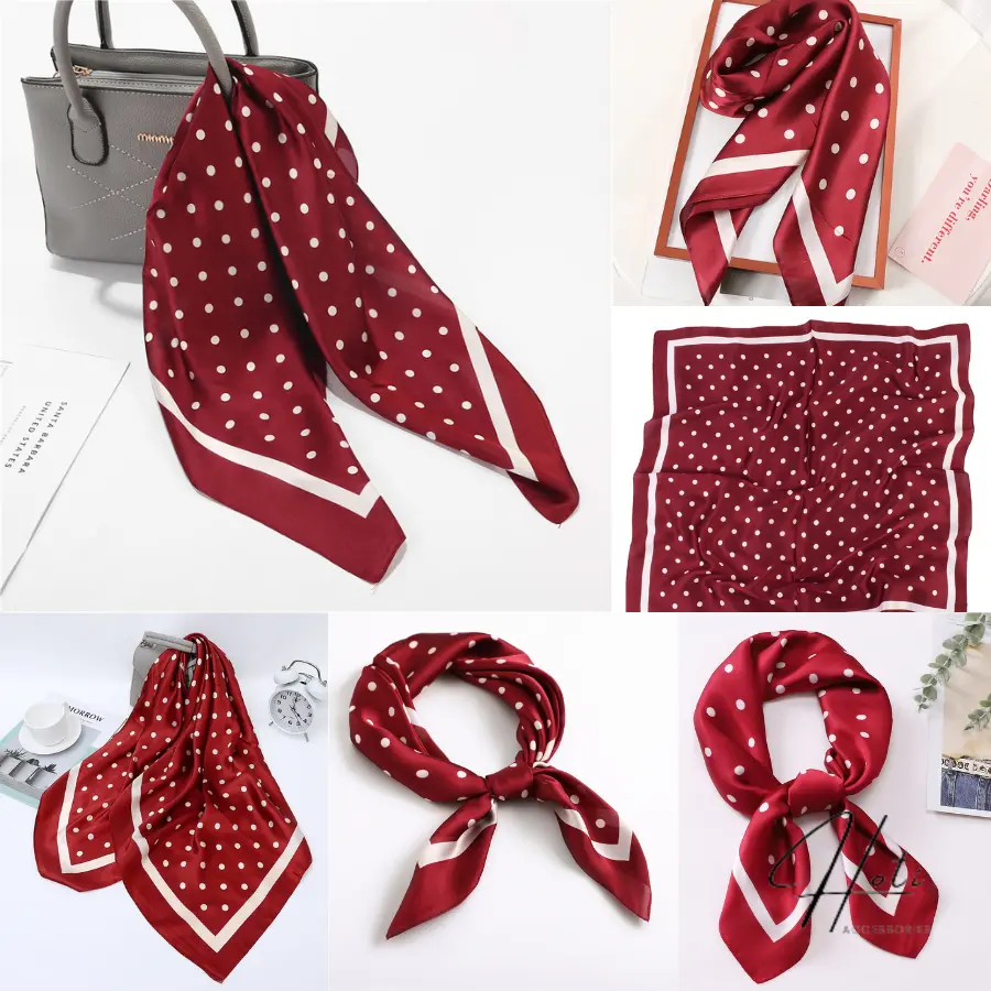 Khăn lụa vuông, khăn turban quàng cổ họa tiết chấm bi năng động xinh xắn chống tia UV - Màu đỏ  - HOTI - KL035