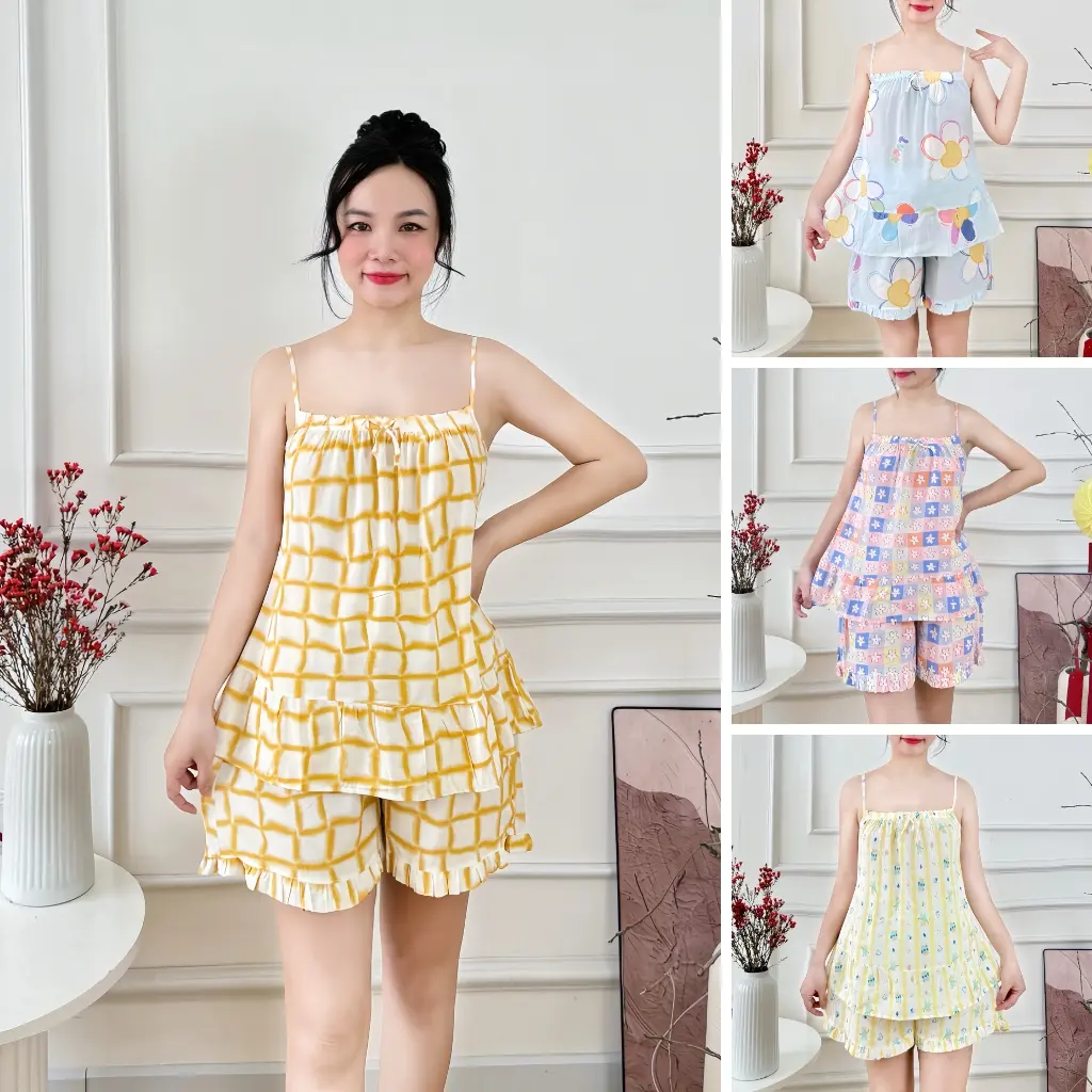 Đồ bộ quần đùi áo hai dây, đồ bộ tole lanh nữ mặc nhà, vải mát mịn, form dễ mặc, họa tiết dễ thương 40-75kg nashop