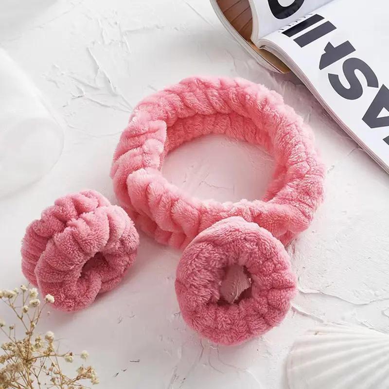 Soft Face Washing Hair Band for Women, 1 Count Face Wash Headband & 2 Counts Wristband, Flannel Coral Fleece Makeup Headband & Wristbands Set 8