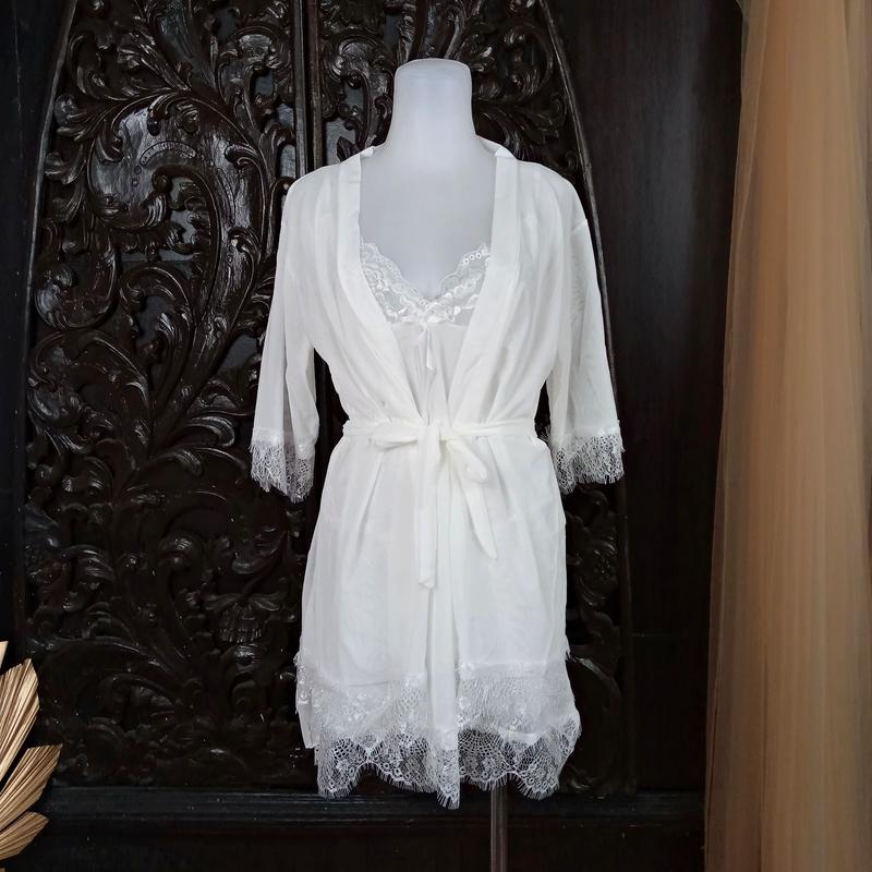 ARENAR SKA295 Dress Lingerie Putih dan Kimono Set - Baju Tidur Tipis Transparan Wanita Daster 1