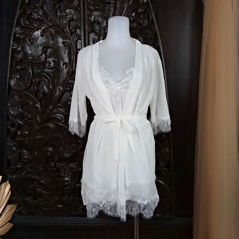 ARENAR SKA295 Dress Lingerie Putih dan Kimono Set - Baju Tidur Tipis Transparan Wanita Daster 1