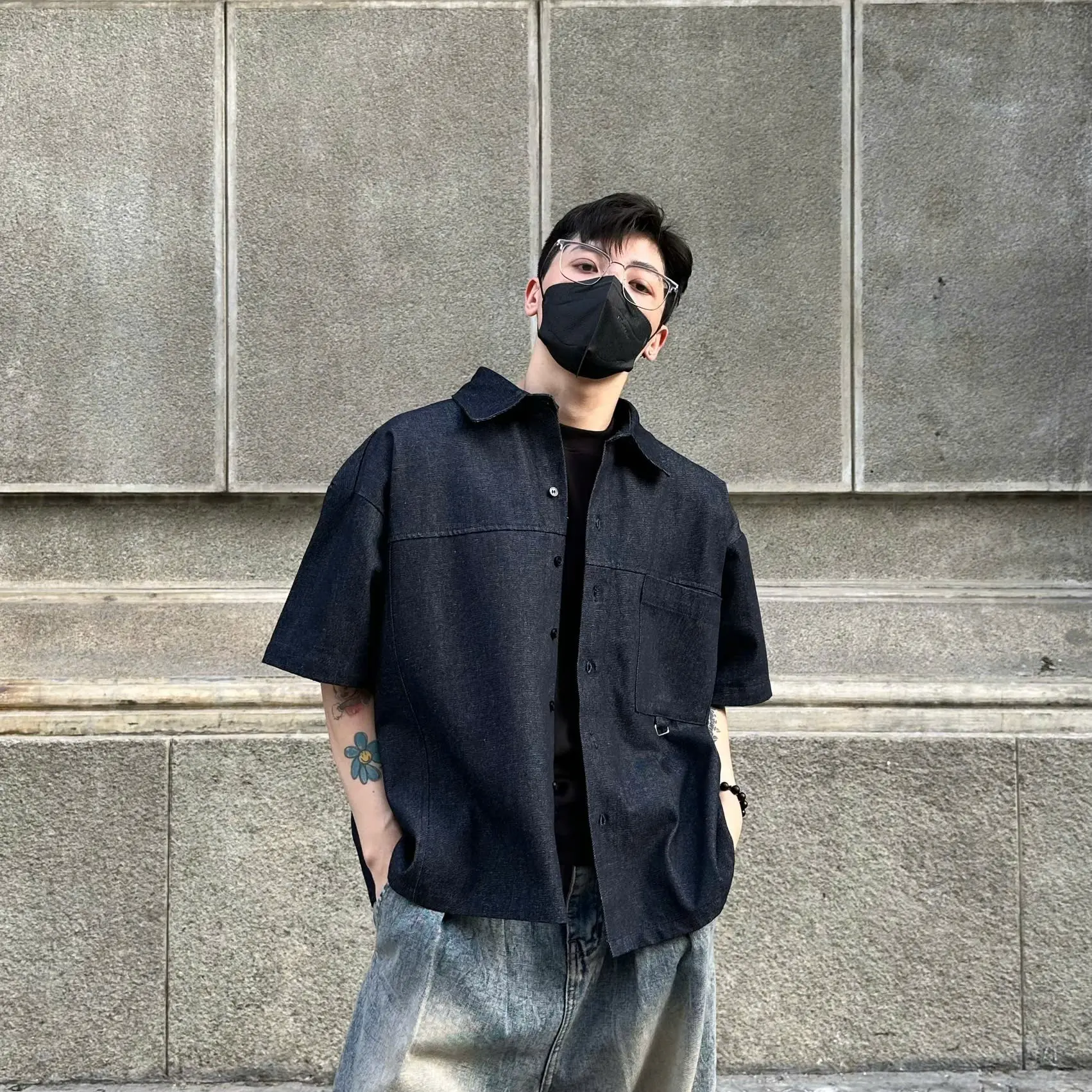 Sơ Mi Ngắn Jeans Xanh/Đen PINGUYEN