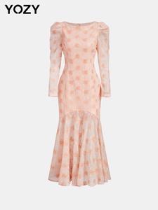 YOZY Women's Floral Pattern Puff Sleeve Mermaid Dress, Elegant Long Sleeve Round Neck Dress for Party Holiday Wedding Guest, Ladies Fall & Winter Clothes