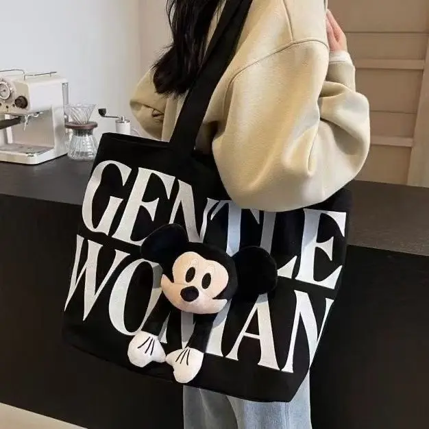 Canvas Bag Female 2025 New Cartoon Mickey Large Capacity Totes College Student Class Commuter Shoulder Bag Female