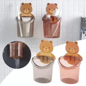 Bear Tempat Sikat Gigi Holder Kamar Mandi Rak Pengering Berlubang Motif Beruang Lucu Gantungan Dinding Gelas Paku
