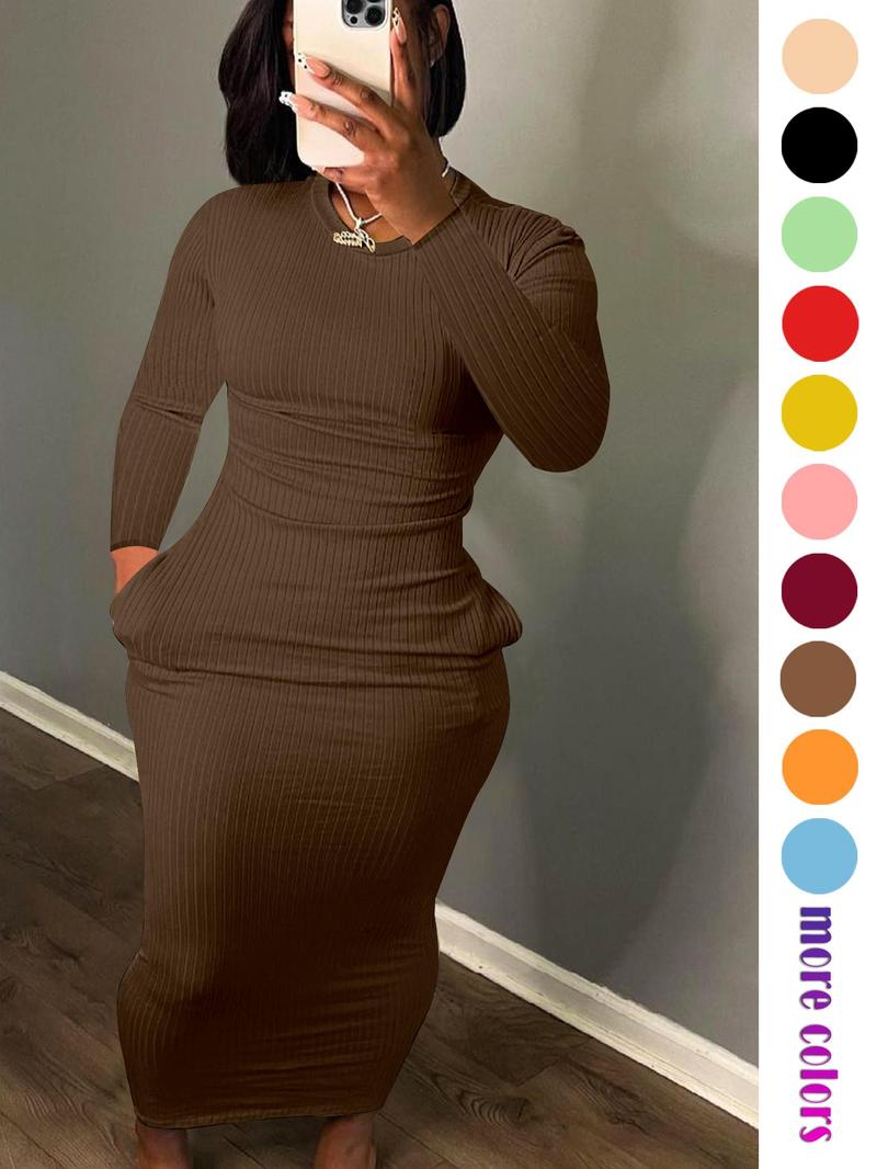 Product Introduction of Women's Solid Pocket Long Sleeve Bodycon Dress, Elegant Round Neck Dress for Party Holiday Wedding Guest, Ladies Fall & Winter Clothes, 2025 Trend, Spring & Fall Clothing, Going Out Dresses 4