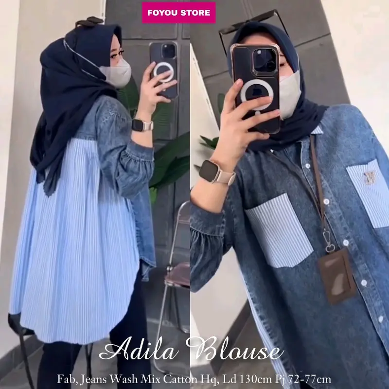 NAZIFA BLOUSE.ADILA BLOUSE JEANS WASH Setrip Atasan Wanita Panjang Baju Katun Muslim Oversize Cewek 1