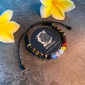 Cakradayu Gelang Cakra 7 Batu Kristal dan Batu Tiger Eyes 6mm Tali Satin Hitam untuk 7 Titik Cakra Tubuh