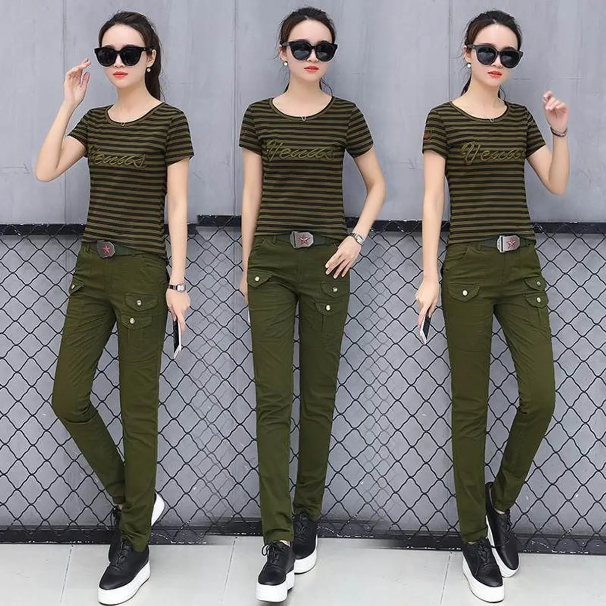 Sét đồ bộ nữ quần kaki lính phối áo thun sọc cực ngầu mẫu mới giá rẻ đẹp có bᶖgsize ( không kèm nịt) Women Kem