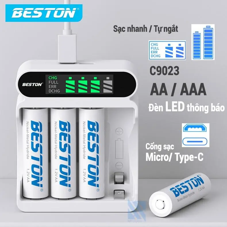Sạc pin 2A 3A 1.2V Beston Chính Hãng Dung Lượng  Đến 3300mAh pin AA AAA Cho Micro, Đồng Hồ, Đồ Chơi, Remote, Đèn Pin.. 3