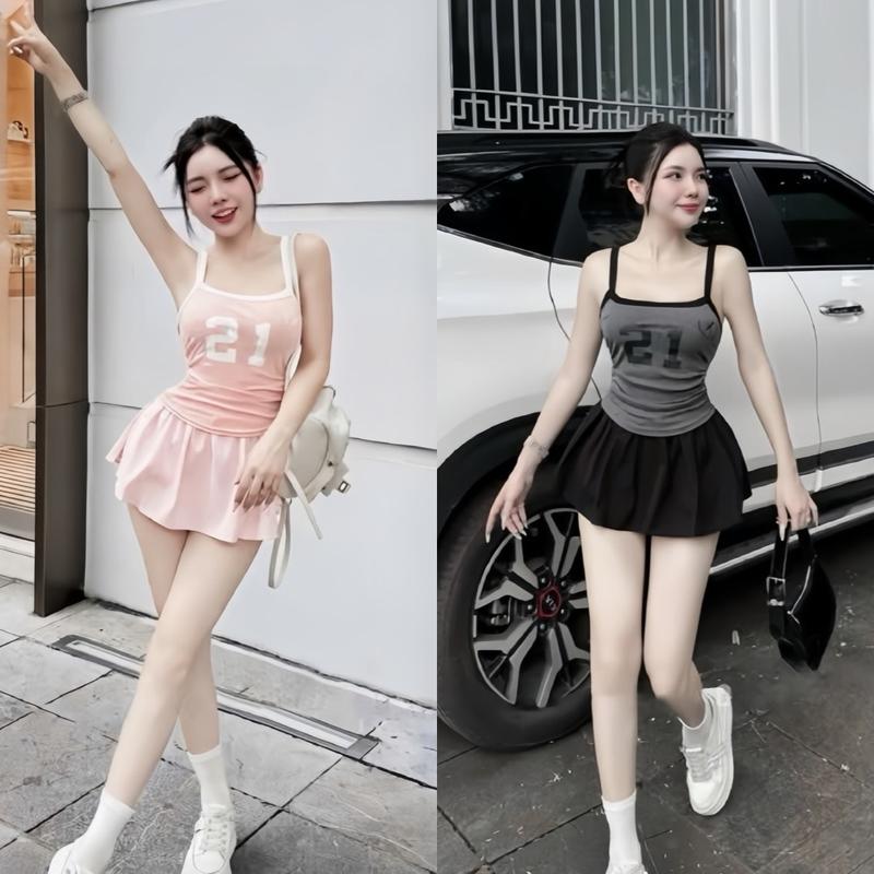 Set Áo Dây Borip In Số Phối Với Chân Váy A Xoè Nhẹ Xinh Cá Tính Top Nữ  Women set  quần Voi