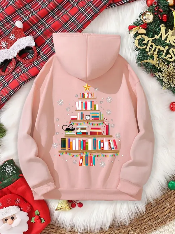Women's Christmas Tree & Book Print Drop Shoulder Hoodie, Fashion Casual Drawstring Pocket Hooded Sweatshirt for Daily Holiday Outdoor Wear, Women Clothing for Fall & Winter 6