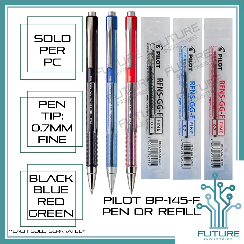 Ballpen Refillable PILOT Brand BP145 BP145F BP-145F Retractable BP 145 BP-145 BP145F BP-145-F Refill RFNS-GG-F Retractable Fine Point Refillable 0.7mm Tip Black Blue Red Green [Future Industries]