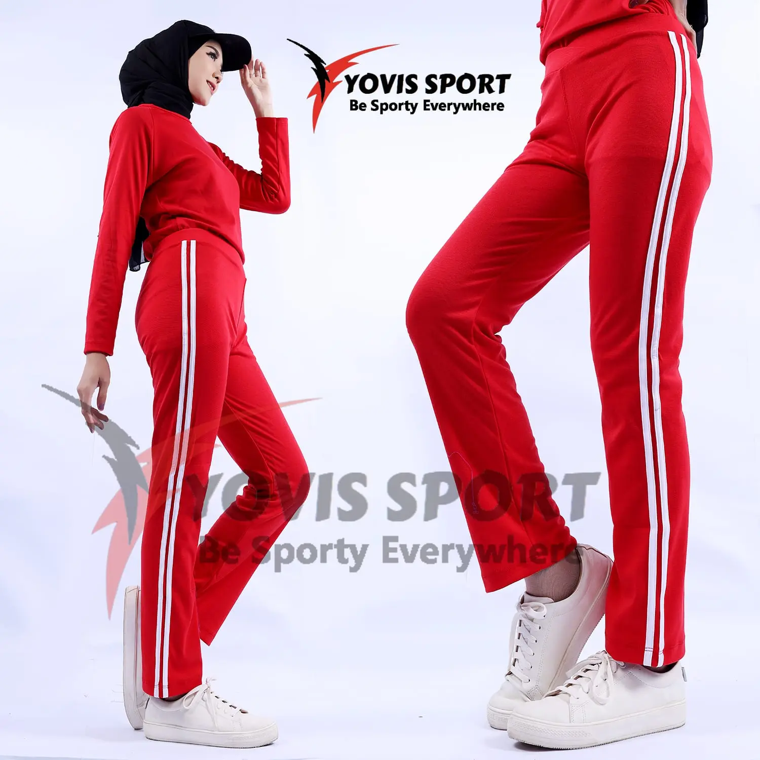 Celana Trening Panjang Merah Dan Putih Lis Das Yovis Sport Celana Olahraga Wanita