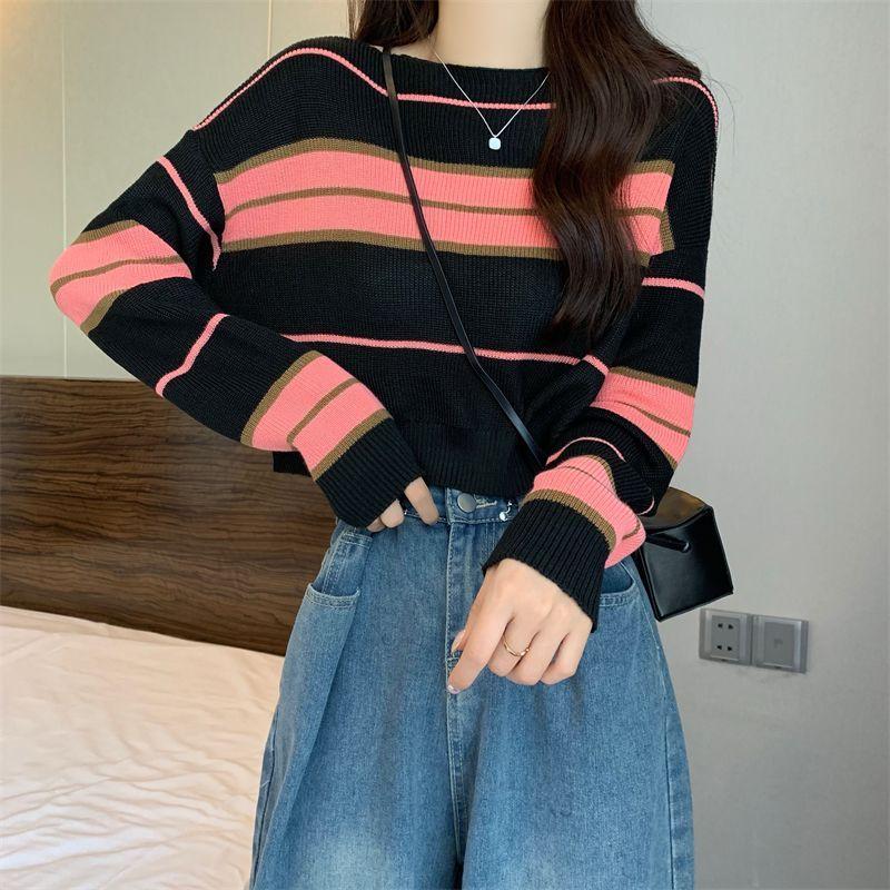 Product Introduction of Áo len tay dài thời trang mùa thu đông áo cổ tròn rộng rãi Top Nữ Women Sọc 24