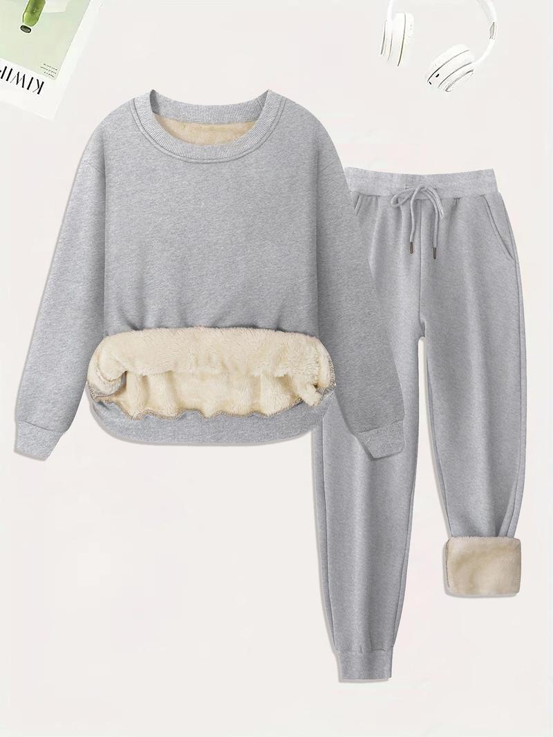 Product Introduction of Women's Plain Plush Lined Sweatshirt & Drawstring Waist Sweatpants Two-piece Set, Casual Round Neck Long Sleeve Pullover & Pocket Jogger Pants Co-ords Set, Women's  Tummy Flattering Two-piece Outfits for Winter 11