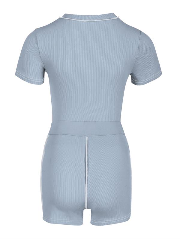 Women's Solid Top-stitching Ribbed Loungewear Set, Summer Clothes, Casual Round Neck Short Sleeve Crop Top & Shorts Pj Set, Summer Sets, Ladies Sleepwear, Summer Wear 2024, Womenswear 7
