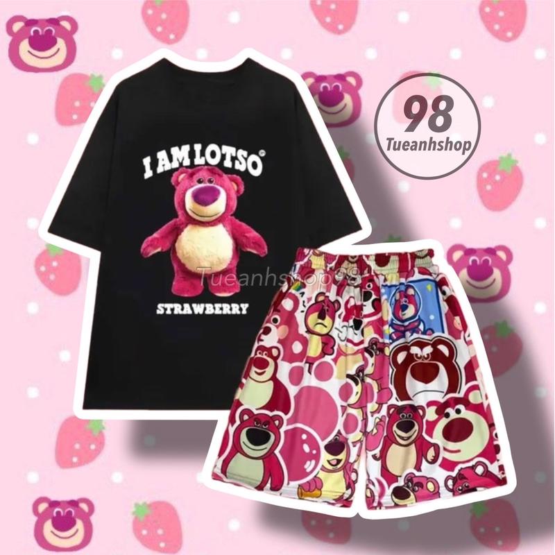 Bộ Đùi Gấu Dâu Đen I Am Lotso cotton mặc nhà - Áo thun phom rộng phối Quần Short Cartoon Unisex - Set Đồ Bộ Nữ hoạt hình cute dễ thương TUEANHSHOP