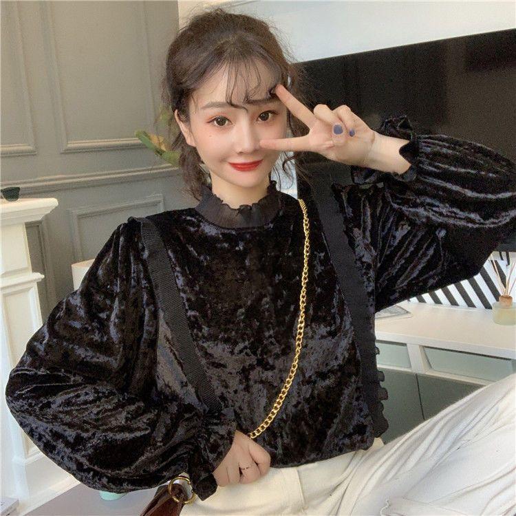 Product Introduction of Áo Sơ Mi Nhung, Ngọt Ngào Và Thanh Lịch, Chắp Vá Selvedge Dây Cổ Đứng, Hàng Mới Về Mùa Thu Cho Nữ, Tay Phồng Trẻ Trung, Áo Dài Tay 8