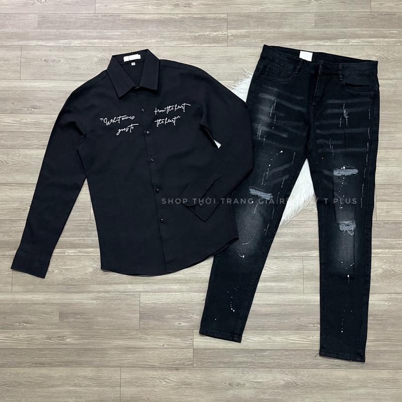  1 Bộ   Quần jeans đen chấm sơn,co giản  Ôm gọn phối áo sơ mi dài tay chất đũi thoáng mát mã số  98  Màu đen  size 45-75kg dành cho nam 