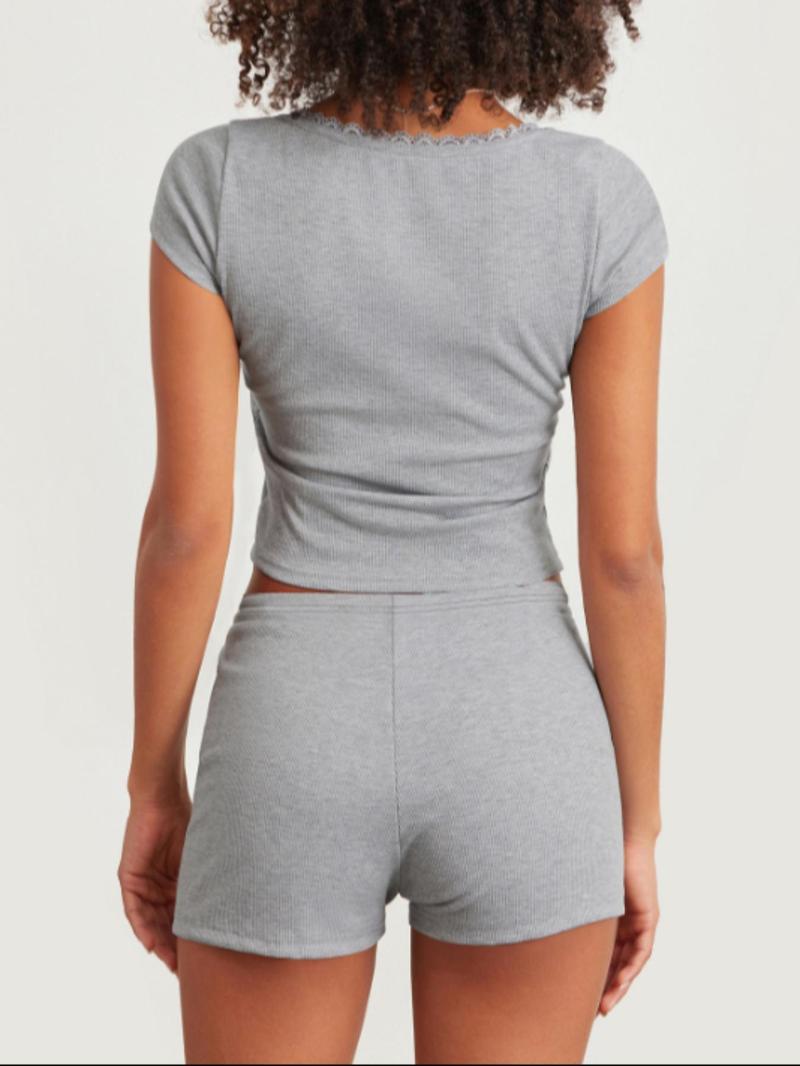 Product Introduction of Women's Solid Ribbed Crop Top & Shorts Two-piece Set, Casual Fashion Cozy Breathable Two Piece Outfits for Daily Wear, Ladies Clothes for All Seasons 4