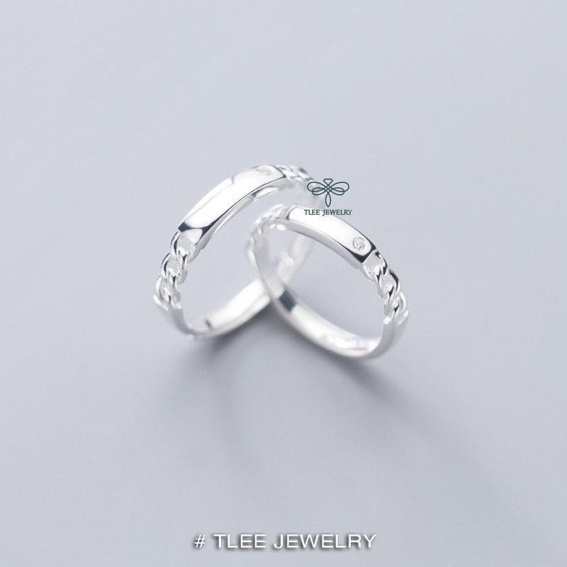 Nhẫn đôi bạc TLEE mặt thanh bạc viền xích cá tính khắc chữ theo yêu cầu TLEE JEWELRY ND0117