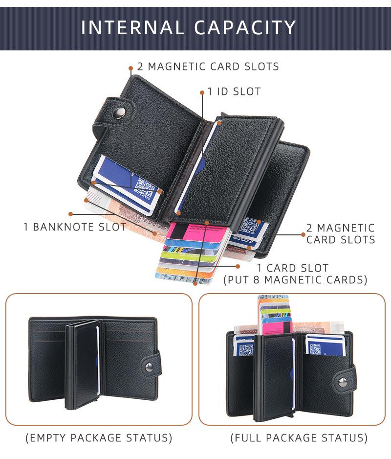 Product Introduction of Men's Card Holder in European and American Style with Lychee Pattern, Automatic Pop-up Card Type Clasp Wallet, Metal Aluminum Box Card Sleeve 7