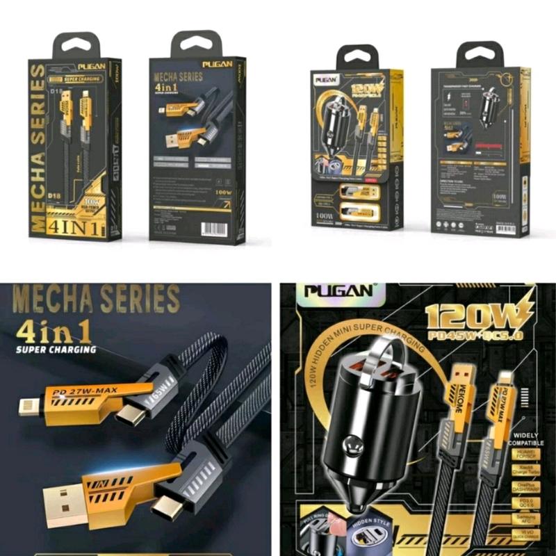  Tẩu Sạc Pugan Điện Thoại Trong Ô Tô Siêu Tốc 120W Tẩu Âm 2 cổng 1 USB Và 1 TypeC - Dây Dù 4 Đầu Dây Chống Đứt Mạch 