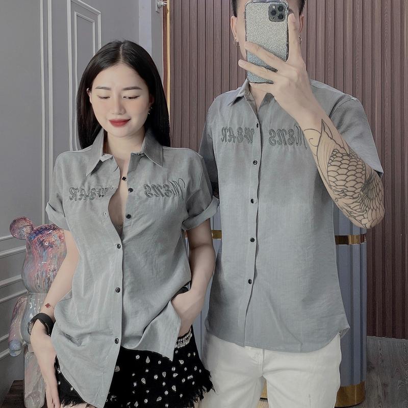 Áo Sơ Mi Đôi Vải Đũi Tay Ngắn In Chữ Áo Đôi Đẹp. Nữ Top