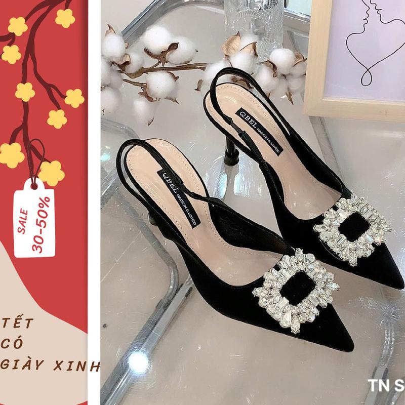 Giày cao gót 7p, Sục quai hậu gót nhọn da nhung tuyết phối đá vuông cao cấp 2 màu ( MIỄN SHIP - FORM 1.5) shoes nữ - mã SP. SH701 đẹp đi chơi Noel, Tết