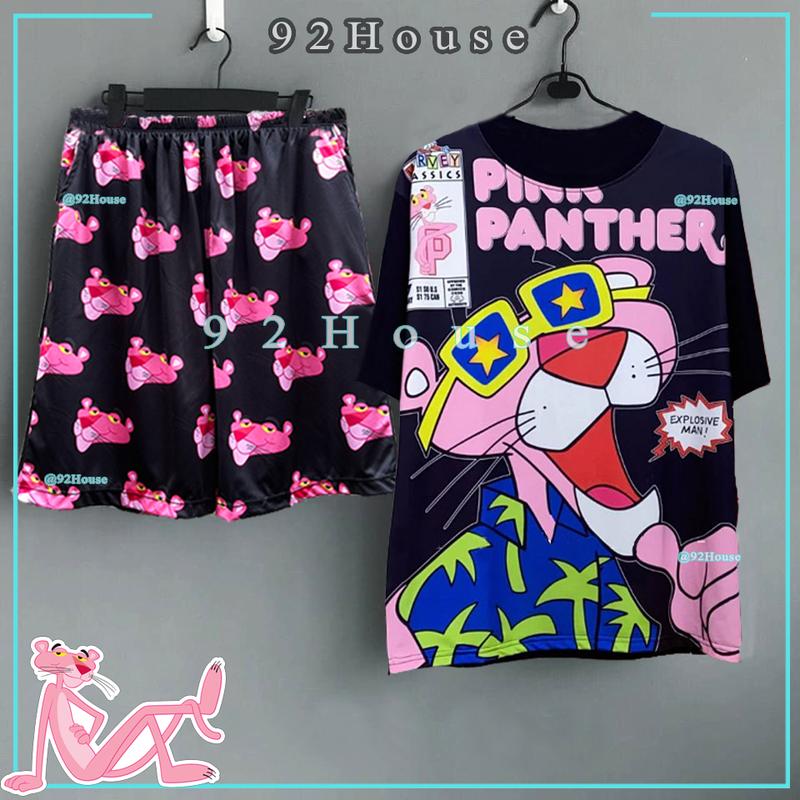 Bộ đồ hoạt hình đồ nhóm đi biển áo thun tay lỡ unisex báo hồng và Quần short cartoon báo hồng freesize phom rộng