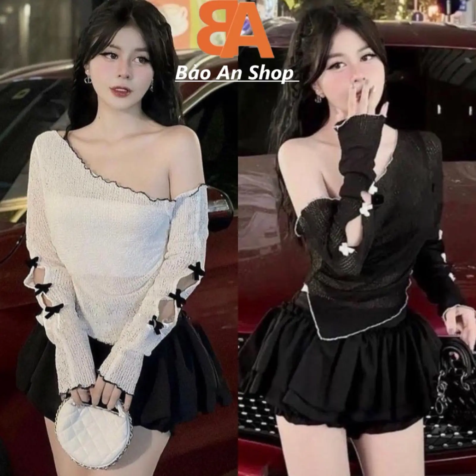 [SB102] Sét áo lưới nơ 2 mặt đều vạt nhọn(kèm áo ống) và chân váy lưng thun 2 tầng