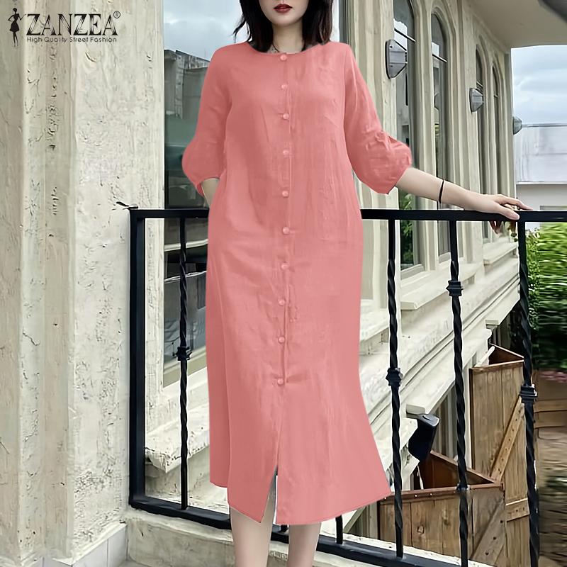 Váy Thường Ngày Cho Kỳ Nghỉ Của Phụ Nữ, ZANZEA, Tay Áo 3 / 4, Cổ Thuyền Chiều Dài Giữa Bắp Chân, Màu Trơn Váy Hàng Ngày 1