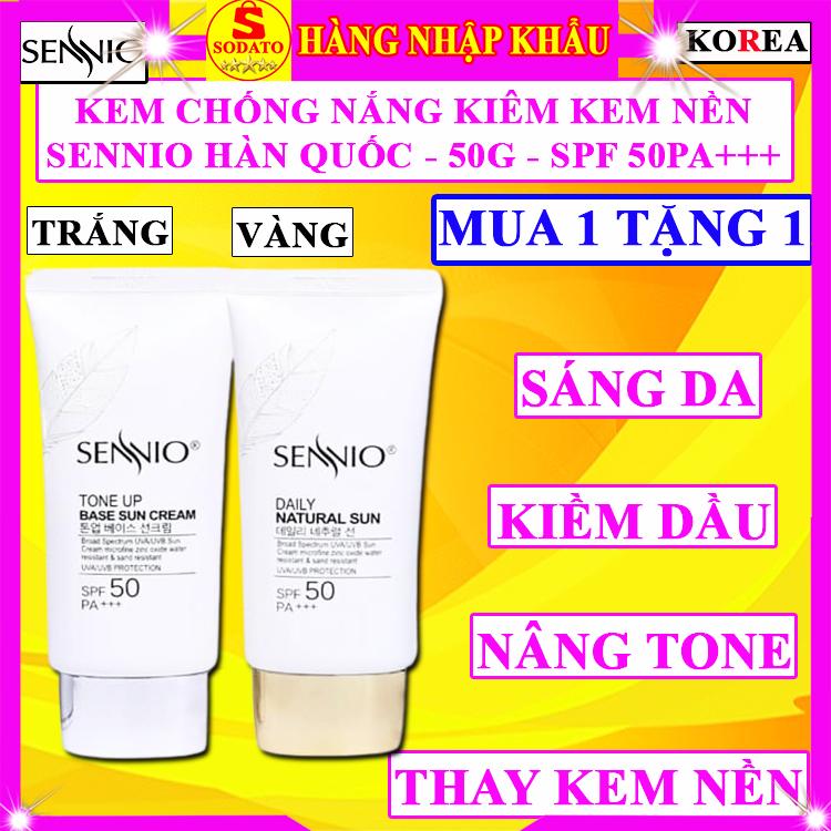 Kem chống nắng sennio hàn quốc kcn vật lý kiềm dầu nâng tone da dưỡng sáng da thay cho kem nền dành cho da dầu mụn nhạy cảm khô màu trắng vàng tone up base sun cream và daily natural sun 50ml spf 50 pa+++