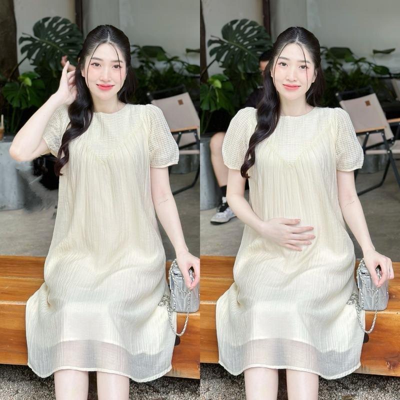 Đầm bầu Vera voan tơ tay phồng phối ren tiểu thư nhẹ nhàng 2